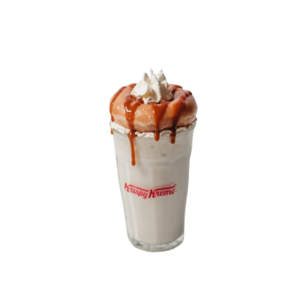 Vanilla milkshake, whipped cream, Original Glazed, and caramel sauce.