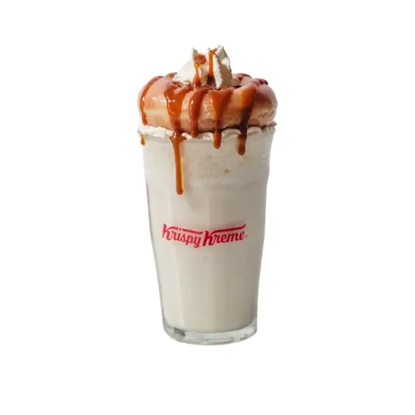 Vanilla milkshake, whipped cream, Original Glazed, and caramel sauce